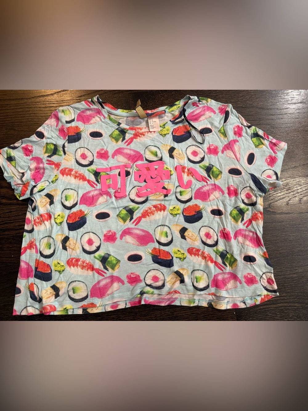 H&M Light Blue Sushi Print Tee with Pink Kanji Kawaii size M
